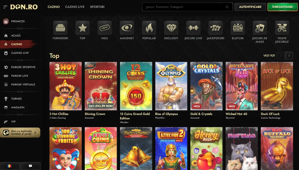 Don Casino pagina principală cu jocuri populare sloturi și interfață de navigare în limba română