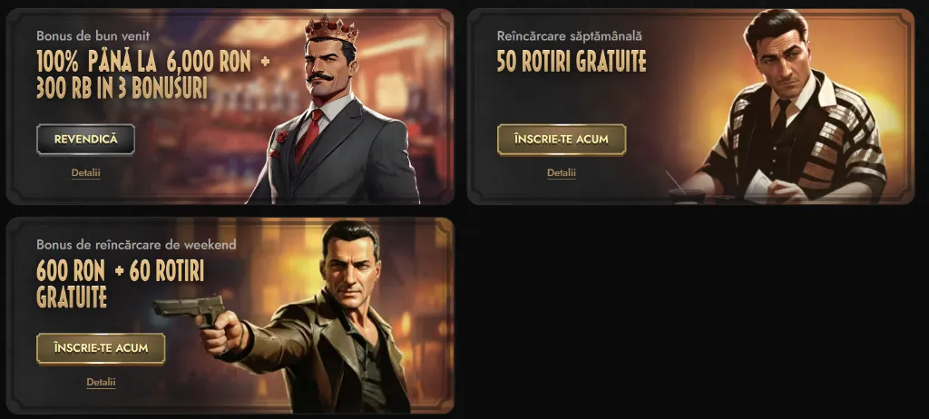 Don Casino pagina de bonusuri cu oferte de bun venit și rotiri gratuite prezentate cu personaje stil mafie